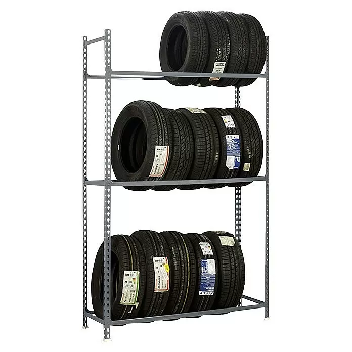 Simonrack Simonauto Reifenregal Autoclick - H x B x T: 200 x 100 x 40 cm, Anzahl Träger: 3 Stk., Stecken, Grau - Drei Regale mit neuen schwarzen Autoreifen auf einem grauen Metall-Lagerregal.