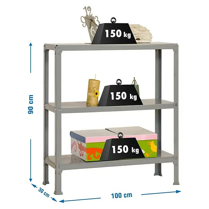 Simonrack Simonhome Estantería metálica Plus - Al x An x Pr: 90 x 100 x 30 cm, Capacidad de carga por balda: 150 kg, Número de baldas: 3 ud., Inserción, Gris - Un estante gris de tres estantes, capaz de soportar cargas de hasta 150 kg por estante, con marcas de dimensiones.