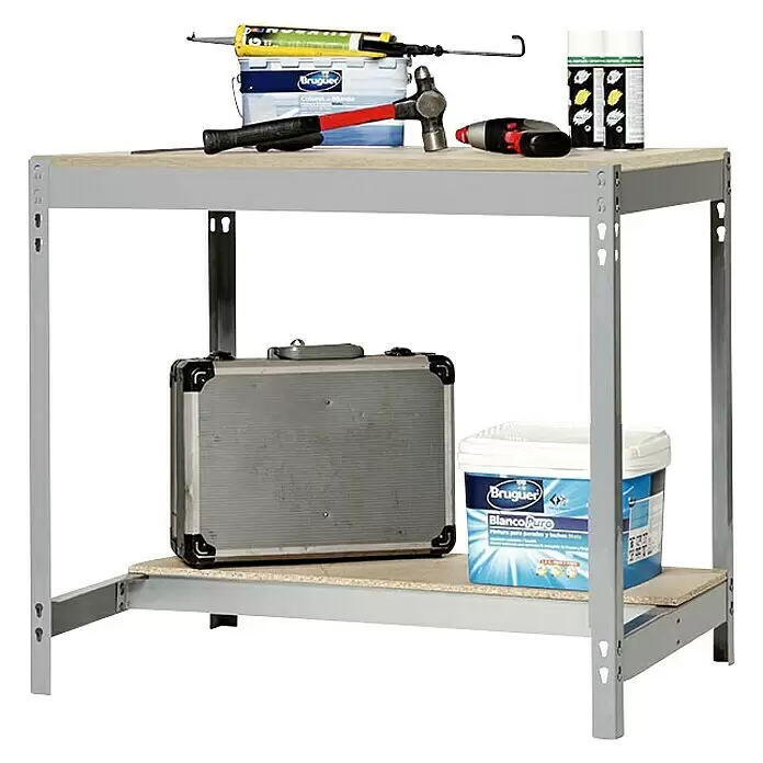 Simonrack Simonwork Werkbank BT0 1500 - L x B: 76 x 151 cm, Arbeitshöhe: 84,2 cm, Belastbarkeit: 850 kg, Grau/Holz - Anwendungsbeispiel