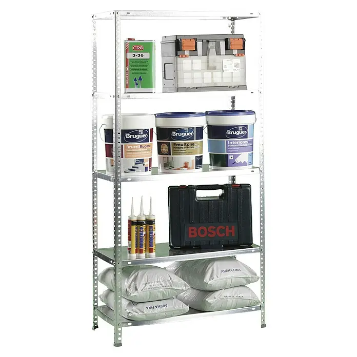 Simonrack Simonclassic Metallregal Comfort - H x B x T: 180 x 90 x 40 cm, Traglast pro Boden: 100 kg, Anzahl Böden: 5 Stk., Schrauben, Silber - Regal mit Bauprodukten: CRC 3-36, Farbeimer von Bruguer, Bosch Werkzeugkoffer, Silikonkartuschen und Säcke mit feinem Sand.