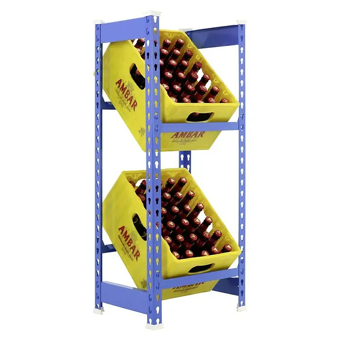 Simonrack Simonbottle Getränkekistenregal Bottleclick - H x B x T: 100 x 40 x 30 cm, Traglast Einlegeboden: 100 kg, Anzahl Böden: 2 Stk., Stecken, Blau - Ein blaues Regal mit zwei gelben Kisten, gefüllt mit braunen Bierflaschen der Marke Ambar. Das Regal bietet eine praktische Lagerlösung.