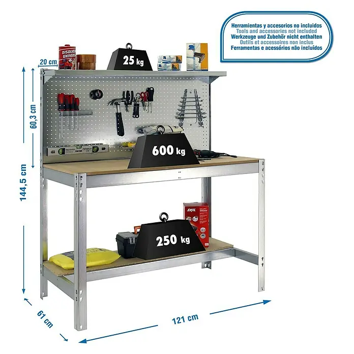 Simonrack Simonwork Werkbank Set BT3 1200 - L x B: 61 x 121 cm, Arbeitshöhe: 144,5 cm, Belastbarkeit: 600 kg, Verzinkt/Holz - Werkbank mit Werkzeugwand und Ablagefächern, belastbar mit Gewichten von 25kg, 250kg und 600kg. Die Werkzeuge sind nicht inbegriffen.