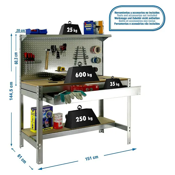 Simonrack Simonwork Werkbank Set BT3 Box 1500 - L x B: 61 x 151 cm, Arbeitshöhe: 144,5 cm, Belastbarkeit: 600 kg, Verzinkt/Holz - Werkbank mit Werkzeugwand und Ablageflächen zur Werkzeugaufbewahrung. Die Werkbank hat eine robuste Arbeitsfläche und bietet viel Stauraum.