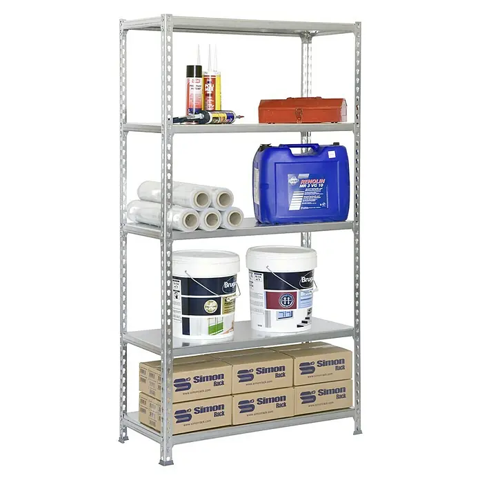 Simonrack Simonclick Metallregal Simonclick Super Plus - H x B x T: 200 x 110 x 30 cm, Traglast pro Boden: 200 kg, Anzahl Böden: 5 Stk., Stecken, Silber/Silber - Ein silbernes Regal mit Werkzeugen, Farbbehältern und Kartons der Marke Simon Rack.