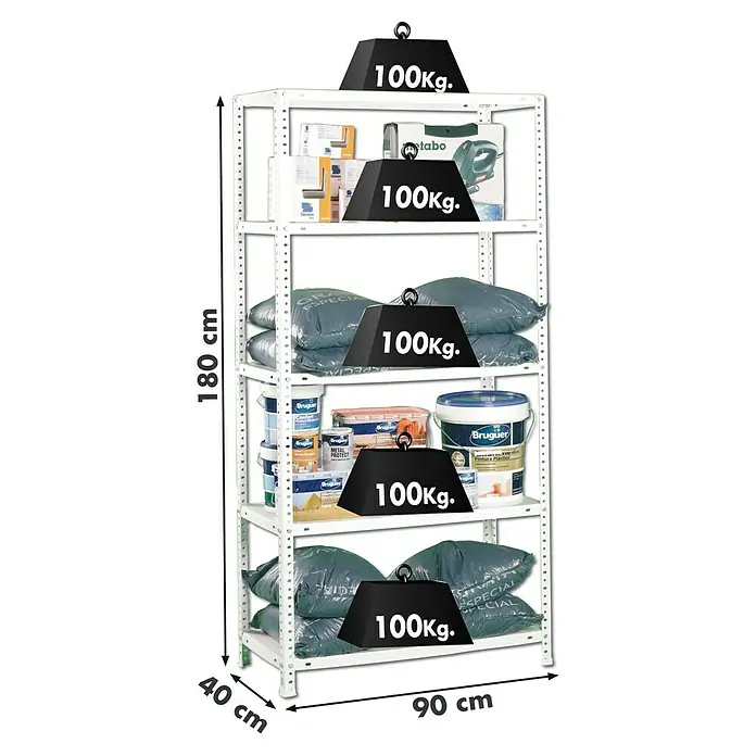 Simonrack Simonclassic Metallregal Comfort - H x B x T: 180 x 90 x 40 cm, Traglast pro Boden: 100 kg, Anzahl Böden: 5 Stk., Schrauben, Weiß - Abbildung eines weißen Regals mit fünf Ebenen, gefüllt mit Farbeimern, Säcken und Werkzeugkisten, die jeweils 100 kg tragen.