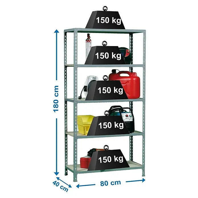 Simonrack Maderclick Metallregal Maderclick Mini - H x B x T: 180 x 80 x 40 cm, Traglast pro Boden: 150 kg, Anzahl Böden: 5 Stk., Stecken, Grau - Ein stabiles Lagerregal mit fünf Ebenen, belastbar mit jeweils 150 kg, ideal zur Aufbewahrung verschiedener Gegenstände in Werkstatt oder Lager.
