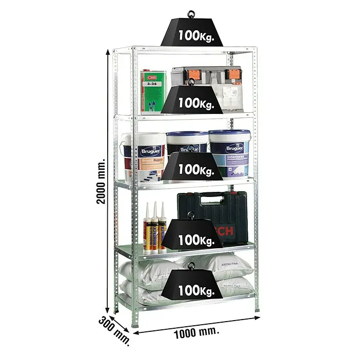Simonrack Simonclassic Metallregal Comfort Plus - H x B x T: 200 x 100 x 30 cm, Traglast pro Boden: 100 kg, Anzahl Böden: 5 Stk., Schrauben, Silber - Abbildung eines stabilen Metallregals mit fünf Ebenen, belastet mit Farbdosen, Werkzeugkoffer und Sandsäcken, gekennzeichnet mit Gewichtsangaben.
