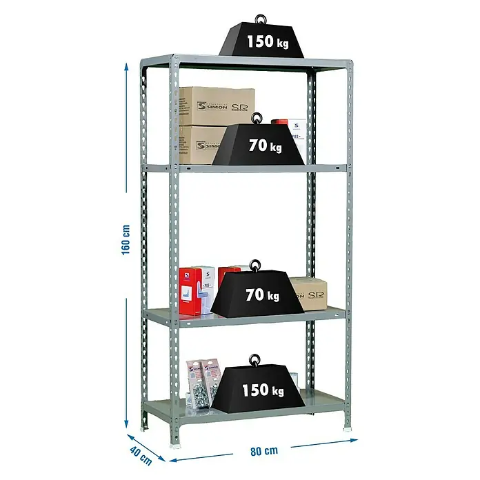 Simonrack Simonclick Metallregal Ecoclick Mini - H x B x T: 160 x 80 x 40 cm, Traglast pro Boden: 70 kg, Anzahl Böden: 4 Stk., Stecken, Grau - Abbildung eines Regals mit vier Ablagen, wobei jede Ebene mit unterschiedlichen Gewichten und Produktboxen belastet ist.