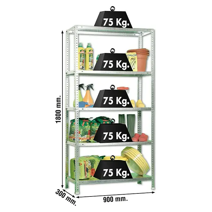 Simonrack Simonclassic Metallregal Advantage - H x B x T: 180 x 90 x 30 cm, Traglast pro Boden: 75 kg, Anzahl Böden: 5 Stk., Schrauben, Silber - Ein silbernes Metallregal mit fünf Ebenen, beladen mit Gartengeräten und jeweils mit Gewichten von 75 kg gesichert.