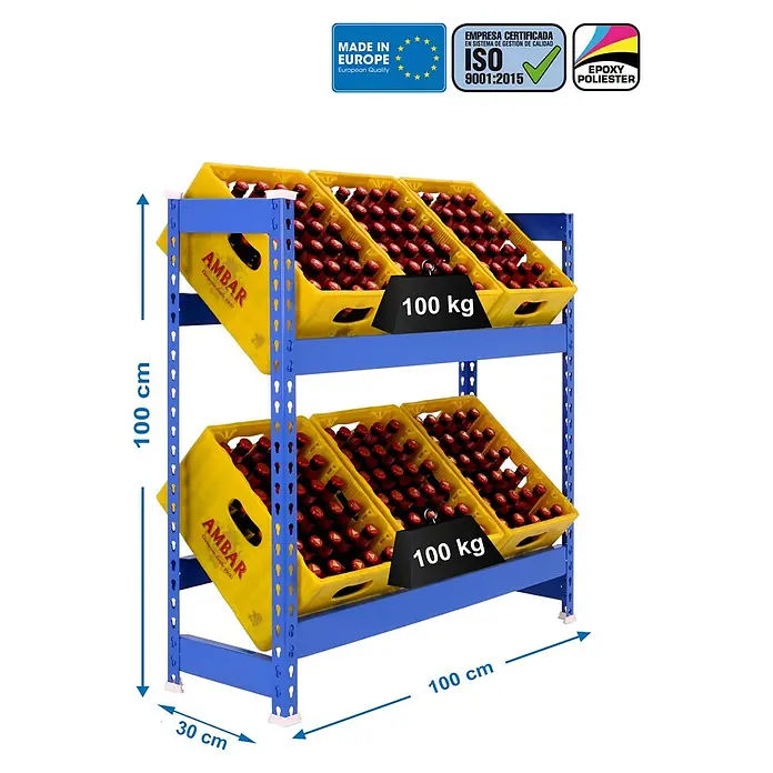 Simonrack Simonbottle Getränkekistenregal Bottleclick - H x B x T: 100 x 100 x 30 cm, Traglast Einlegeboden: 100 kg, Anzahl Böden: 2 Stk., Stecken, Blau - Ein blaues Regal mit zwei Etagen, beladen mit gelben Kisten voller roter Flaschen, etikettiert mit Gewichtsangaben.