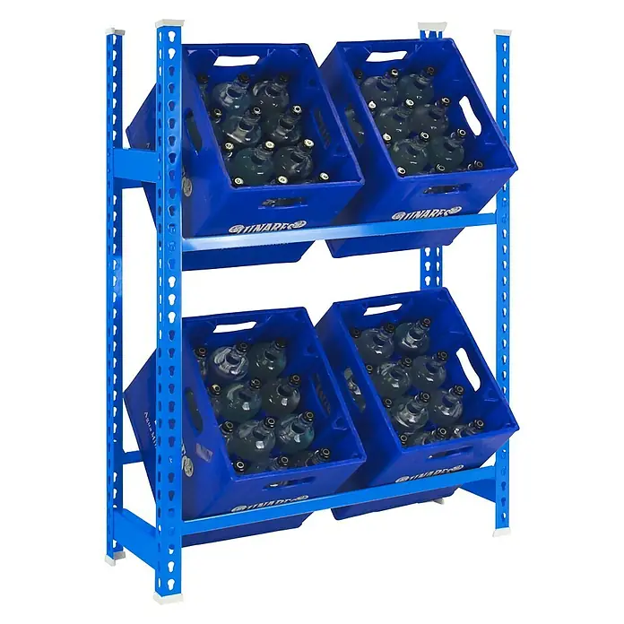 Simonrack Simonbottle Getränkekistenregal Bottleclick - H x B x T: 100 x 80 x 30 cm, Traglast Einlegeboden: 100 kg, Anzahl Böden: 2 Stk., Stecken, Blau - Ansicht eines blauen Regals mit zwei Ebenen, auf denen blaue Kisten mit Wasserflaschen stehen, ideal für die Lagerung und Präsentation von Getränken.
