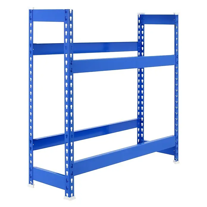 Simonrack Simonbottle Getränkekistenregal Bottleclick - H x B x T: 100 x 100 x 30 cm, Traglast Einlegeboden: 100 kg, Anzahl Böden: 2 Stk., Stecken, Blau - Abbildung eines blauen, leeren Schwerlastregals mit vier Ebenen und weißen Füßen für Lagerung und Organisation.