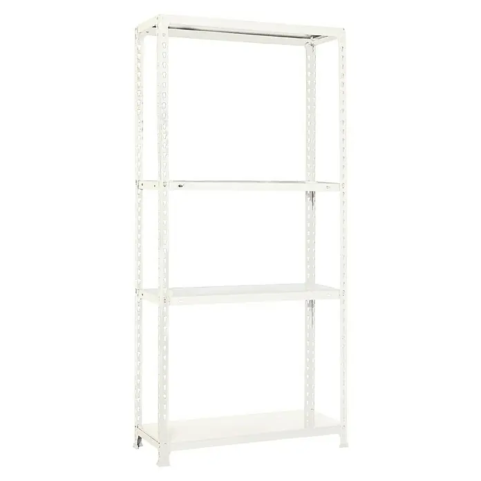 Simonrack Simonclick Metallregal Ecoclick Mini - H x B x T: 160 x 80 x 40 cm, Traglast pro Boden: 70 kg, Anzahl Böden: 4 Stk., Stecken, Weiß - Abbildung eines weißen Metallregals mit vier Ebenen zur Aufbewahrung und Organisation von Gegenständen im Haushalt oder im Büro.
