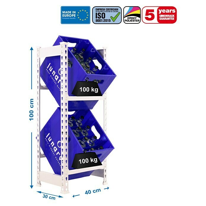 Simonrack Simonbottle Metall-Getränkekistenregal BottleclickL x B x H: 30 x 40 x 100 cm, Traglast: 100 kg/Boden, Anzahl Böden: 3 Stk., Weiß Sketch