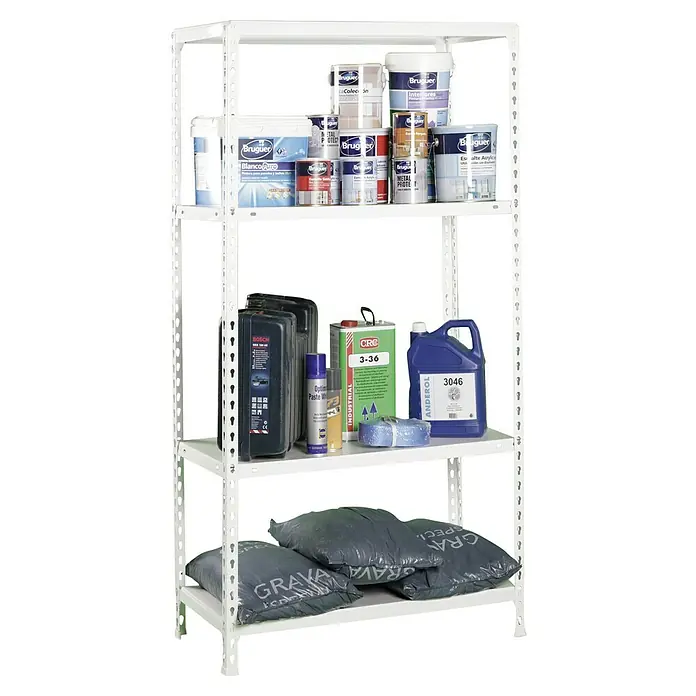 Simonrack Simonclick Metallregal Ecoclick Mini - H x B x T: 160 x 80 x 40 cm, Traglast pro Boden: 70 kg, Anzahl Böden: 4 Stk., Stecken, Weiß - Ein weißes Metallregal mit vier Ebenen, gefüllt mit verschiedenen Produkten wie Farben, Ölen und Säcken mit Schotter.