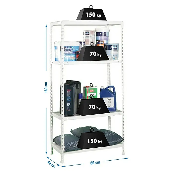 Simonrack Simonclick Metallregal Ecoclick Mini - H x B x T: 160 x 80 x 40 cm, Traglast pro Boden: 70 kg, Anzahl Böden: 4 Stk., Stecken, Weiß - Auf diesem Bild sieht man ein Regal mit vier Ebenen, das mit verschiedenen Gegenständen und Gewichtsangaben beladen ist.