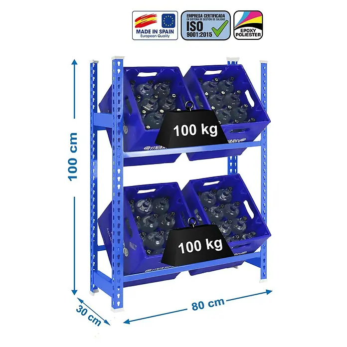 Simonrack Simonbottle Getränkekistenregal Bottleclick - H x B x T: 100 x 80 x 30 cm, Traglast Einlegeboden: 100 kg, Anzahl Böden: 2 Stk., Stecken, Blau - Abbildung eines blauen Metallregals mit vier gefüllten Getränkekisten, das jeweils mit 100 kg belastet ist, mit Maßangaben.