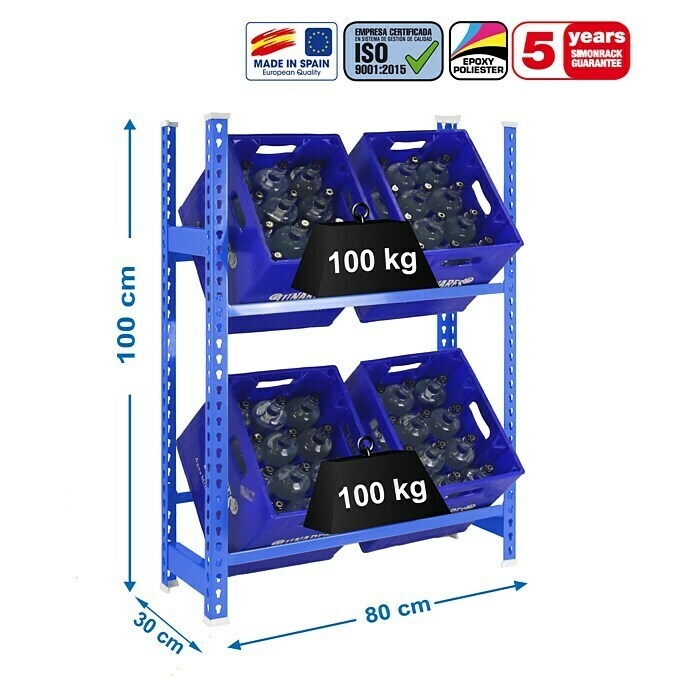 Simonrack Simonbottle Metall-Getränkekistenregal BottleclickL x B x H: 30 x 80 x 100 cm, Traglast: 100 kg/Boden, Anzahl Böden: 3 Stk., Blau Sketch