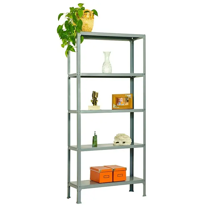 Simonrack Simonhome Metallregal Click Metall Plus - H x B x T: 180 x 100 x 30 cm, Traglast pro Boden: 150 kg, Anzahl Böden: 5 Stk., Stecken, Grau/Grau - Graues Metallregal mit fünf Regalböden, beladen mit verschiedenen Dekorationsartikeln und zwei orangefarbenen Aufbewahrungsboxen.