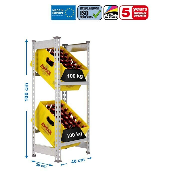 Simonrack Simonbottle Metall-Getränkekistenregal BottleclickL x B x H: 30 x 40 x 100 cm, Traglast: 100 kg/Boden, Anzahl Böden: 3 Stk., Silber Sketch