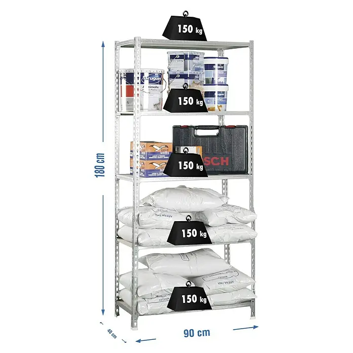 Simonrack Maderclick Metallregal Maderclick - H x B x T: 180 x 90 x 40 cm, Traglast pro Boden: 150 kg, Anzahl Böden: 5 Stk., Stecken, Silber - Produktfoto eines Schwerlastregals mit diversen Artikeln und Gewichtsangaben.