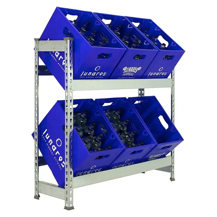 Simonrack Simonbottle Getränkekistenregal Bottleclick - H x B x T: 100 x 100 x 30 cm, Traglast Einlegeboden: 100 kg, Anzahl Böden: 2 Stk., Stecken, Silber - Regal mit blauen Lunares-Wasserflaschen in Getränkekisten auf zwei Ebenen, ideal für die Präsentation und Lagerung.