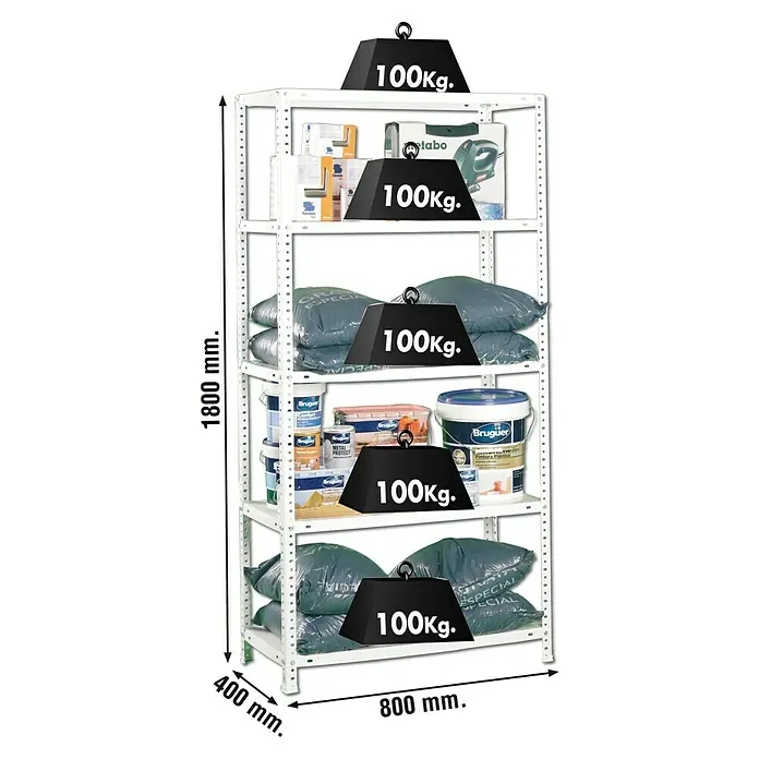 Simonrack Simonclassic Metallregal Comfort Mini - H x B x T: 180 x 80 x 40 cm, Traglast pro Boden: 100 kg, Anzahl Böden: 5 Stk., Schrauben, Weiß - Abbildung eines weißen Schwerlastregals mit fünf Böden, auf denen verschiedene Gegenstände und schwarze Gewichte mit der Aufschrift "100kg" platziert sind.