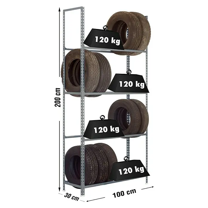 Simonrack Simonauto Reifenregal Autoclick - H x B x T: 200 x 100 x 30 cm, Anzahl Träger: 4 Stk., Stecken, Grau - Metallregal mit vier Ebenen, beladen mit Reifen und Gewichten, Maße sind angegeben.