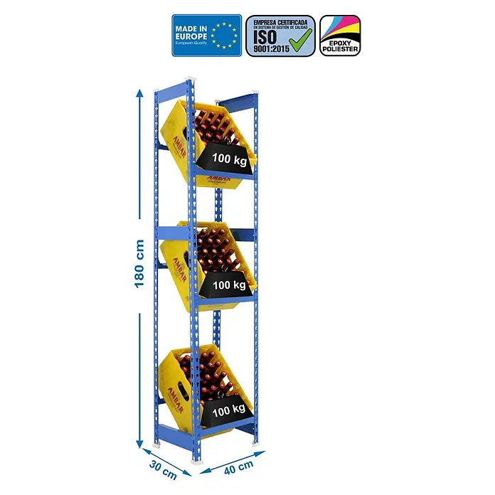 Simonrack Simonbottle Getränkekistenregal Bottleclick - H x B x T: 180 x 40 x 30 cm, Traglast Einlegeboden: 100 kg, Anzahl Böden: 3 Stk., Stecken, Blau - Abbildung eines blauen Metallregals mit drei Ebenen, die gelbe Kisten mit Getränkeflaschen mit Gewichtsangabe von 100 kg tragen.