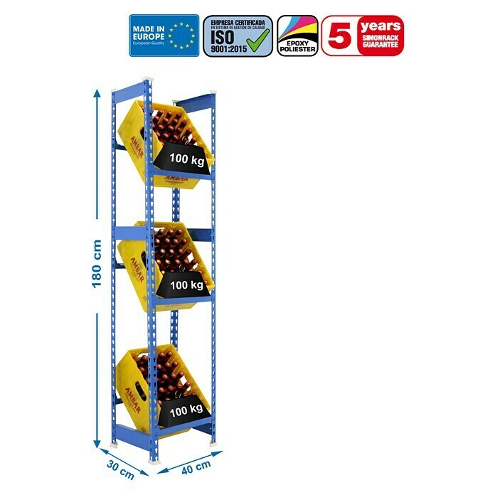 Simonrack Simonbottle Metall-Getränkekistenregal BottleclickL x B x H: 30 x 40 x 180 cm, Traglast: 100 kg/Boden, Anzahl Böden: 3 Stk., Blau Sketch