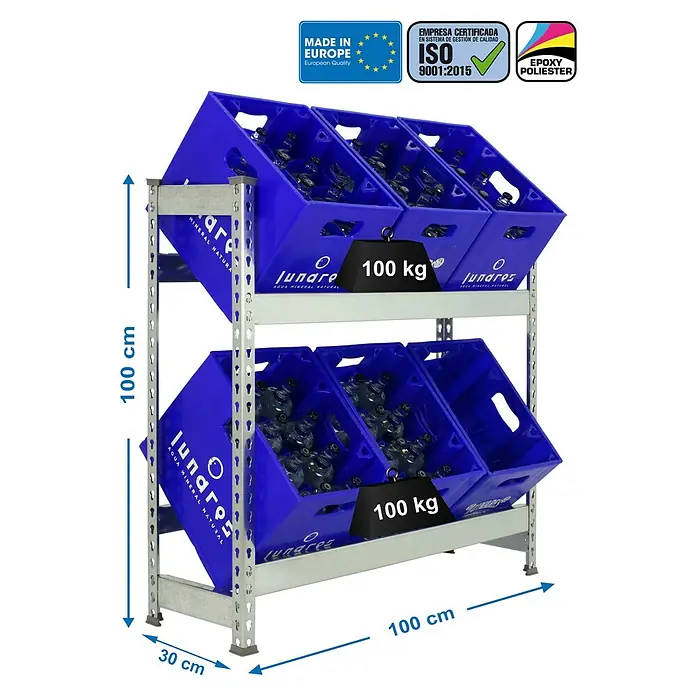 Simonrack Simonbottle Getränkekistenregal Bottleclick - H x B x T: 100 x 100 x 30 cm, Traglast Einlegeboden: 100 kg, Anzahl Böden: 2 Stk., Stecken, Silber - Abbildung eines blauen Getränkekistenregals mit einer Belastbarkeit von 100 kg pro Fach und den Maßen 100x100x30 cm.