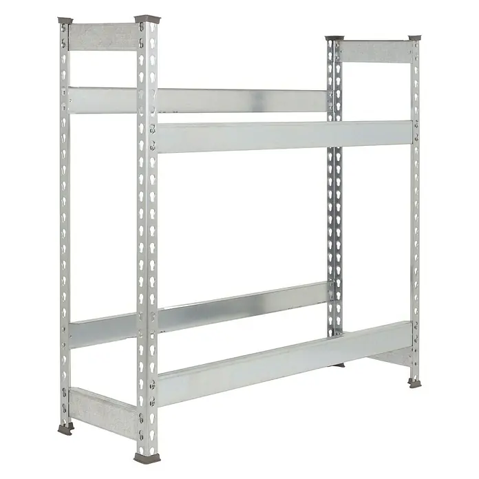 Simonrack Simonbottle Getränkekistenregal Bottleclick - H x B x T: 100 x 100 x 30 cm, Traglast Einlegeboden: 100 kg, Anzahl Böden: 2 Stk., Stecken, Silber - Abbildung eines stabilen, silbernen Lagerregals mit vier Ebenen und gelochten Seitenstreben für flexible Regalböden.