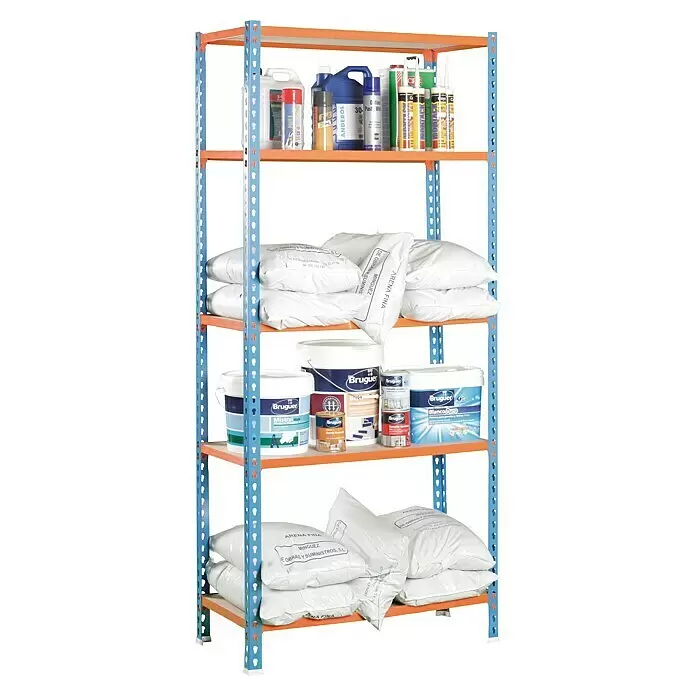 Simonrack Maderclick Metallregal Maderclick SuperPlus - H x B x T: 200 x 110 x 30 cm, Traglast pro Boden: 200 kg, Anzahl Böden: 5 Stk., Stecken, Blau/Orange - Blau-orangefarbenes Metallregal, gefüllt mit Baumaterialien und Farben.