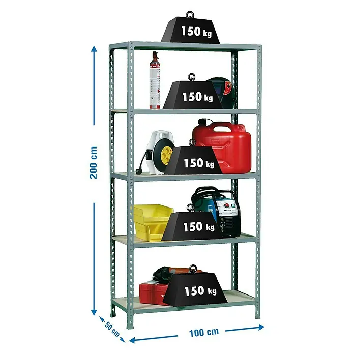 Simonrack Maderclick Metallregal Maderclick Plus - H x B x T: 200 x 100 x 50 cm, Traglast pro Boden: 150 kg, Anzahl Böden: 5 Stk., Stecken, Grau - Abbildung eines Schwerlastregals mit fünf Ebenen und einer Belastbarkeit von 150 kg pro Ebene, ideal für Werkstatt oder Lager.