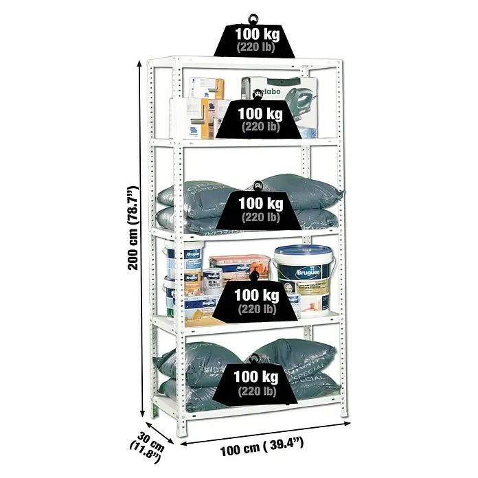 Simonrack Simonclassic Metallregal Comfort Plus - H x B x T: 200 x 100 x 30 cm, Traglast pro Boden: 100 kg, Anzahl Böden: 5 Stk., Schrauben, Weiß - Bild eines weißen Metallregals mit fünf Ebenen, die mit verschiedenen Gegenständen und Gewichten bis 100 kg beladen sind.