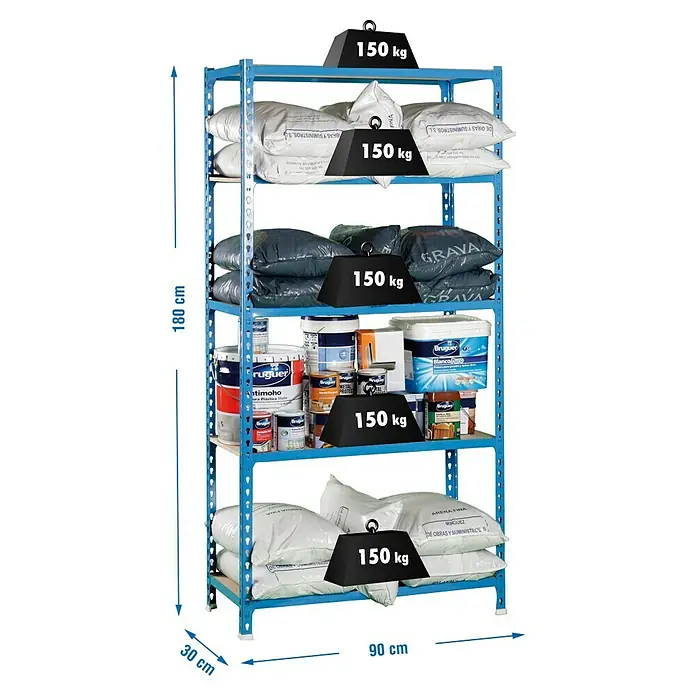 Simonrack Maderclick Metallregal Maderclick - H x B x T: 180 x 90 x 30 cm, Traglast pro Boden: 150 kg, Anzahl Böden: 5 Stk., Stecken, Blau - Abbildung eines blauen Metallregals mit fünf Ebenen, beladen mit verschiedenen Gegenständen und Gewichten.