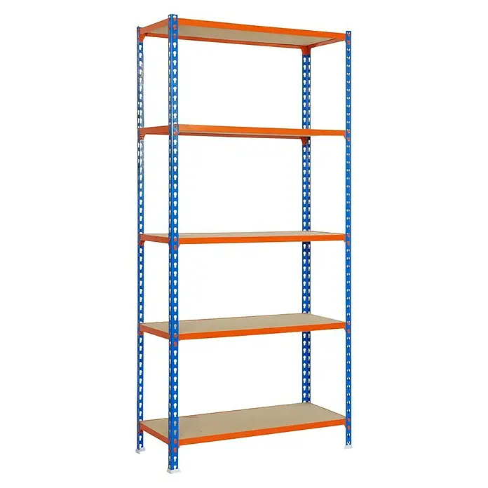Simonrack Maderclick Metallregal Maderclick SuperPlus - H x B x T: 200 x 110 x 30 cm, Traglast pro Boden: 200 kg, Anzahl Böden: 5 Stk., Stecken, Blau/Orange - Ein Regal mit fünf Regalböden und blau-orangenem Rahmen, ideal für Lagerung und Organisation in Werkstatt oder Garage.