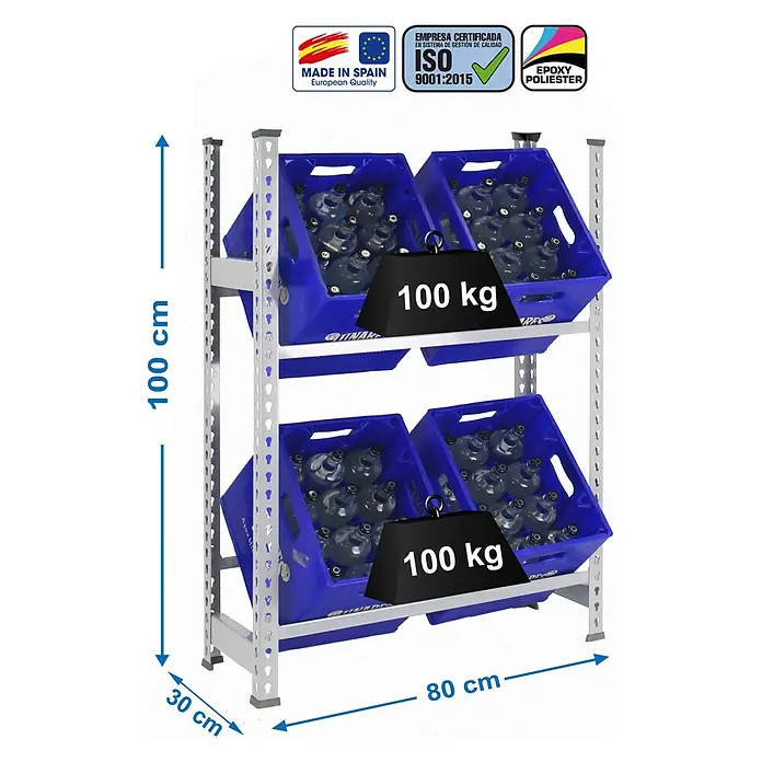 Simonrack Simonbottle Getränkekistenregal Bottleclick - H x B x T: 100 x 80 x 30 cm, Traglast Einlegeboden: 100 kg, Anzahl Böden: 2 Stk., Stecken, Silber - Regal mit zwei Ebenen blauer Kisten, die mit je 100 kg belastet sind. Die Abmessungen sind 100 cm Höhe, 80 cm Länge und 30 cm Tiefe.