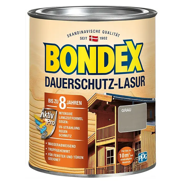 Bondex Holzlasur - Grau, 750 ml, Seidenglänzend - Dose Bondex Dauerschutz-Lasur Holzschutzfarbe, Farbe Grau, für bis zu 8 Jahren Schutz, wasserabweisend und für Fenster und Türen geeignet.