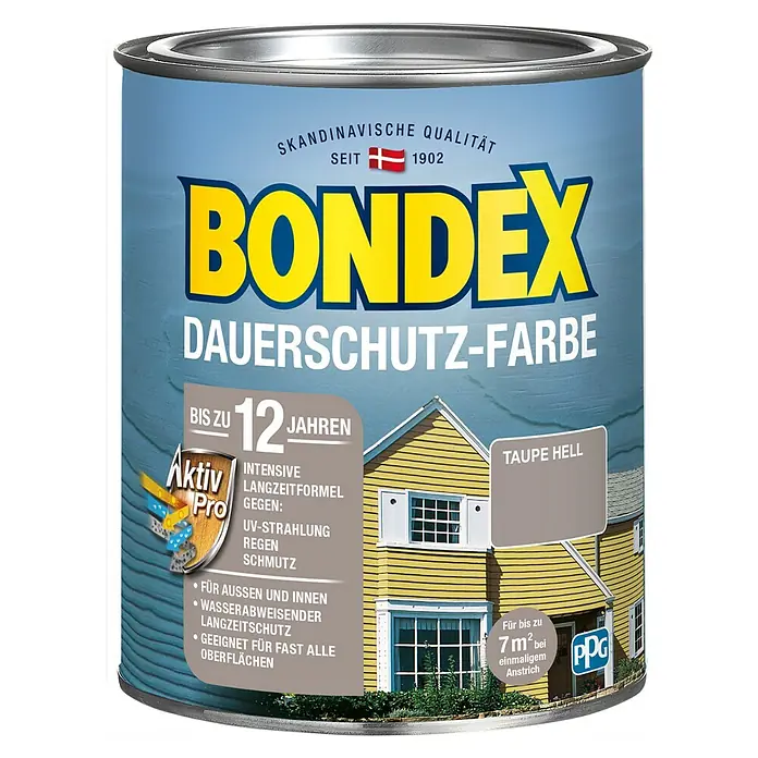 Bondex Dauerschutzfarbe - Taupe hell, 750 ml - Farbdose Bondex Dauerschutz-Farbe, Farbe Taupe Hell. Skandinavische Qualität seit 1902, für langanhaltenden Schutz und vielseitige Oberflächen.