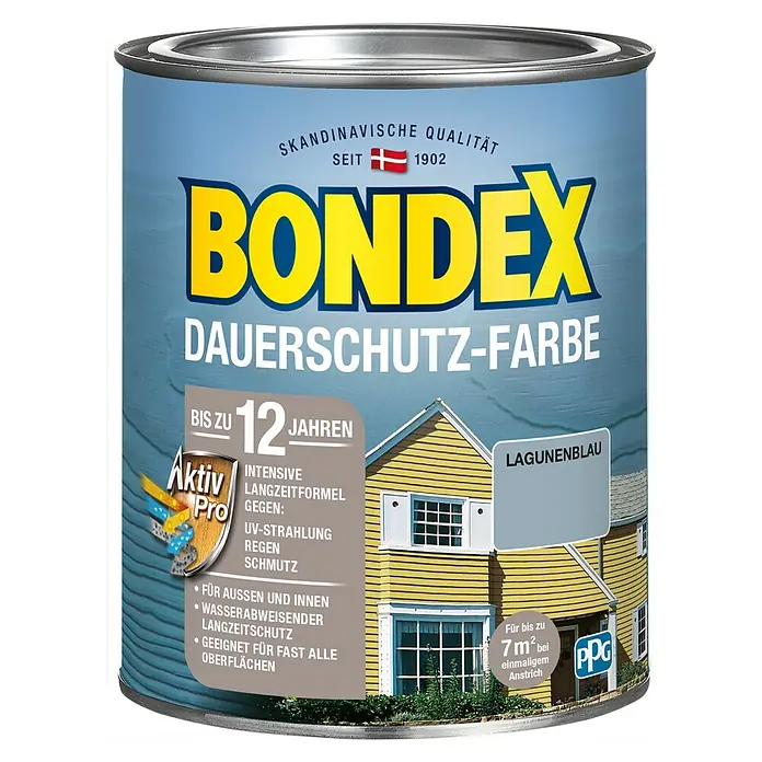 Bondex Dauerschutzfarbe - Lagunenblau, 750 ml - Ein Farbbehälter von Bondex Dauerschutz-Farbe in Lagunenblau, ideal für dauerhaften Schutz und vielfältige Oberflächen.