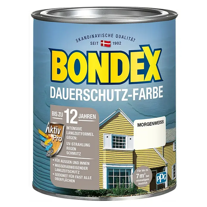 Bondex Dauerschutzfarbe - Morgenweiß, 750 ml - Abbildung einer Dose Bondex Dauerschutz-Farbe, eine hochwertige Farbe für dauerhaften Schutz und langanhaltende Schönheit.