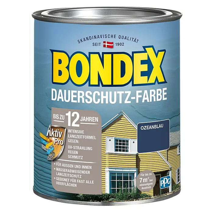 Bondex Dauerschutzfarbe - Ozeanblau, 750 ml - Farbdose Bondex Dauerschutz-Farbe Ozeanblau, langanhaltende Farbe für den Aussen- und Innenbereich, bis zu 12 Jahren Schutz.