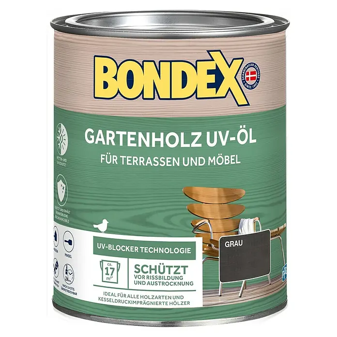 Bondex UV-Schutz-Öl Gartenholz UV-Öl - Grau, 750 ml, Matt - Dose Bondex Gartenholz UV-Öl für Terrassen und Möbel, Farbe Grau. Schützt und erhält das natürliche Erscheinungsbild des Holzes.