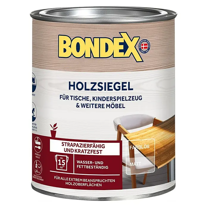 Bondex Klarlack Holzsiegel - Farblos, Matt, 750 ml, Wasserbasiert - Abbildung einer Dose Bondex Holzsiegel, farblos, matt, für Tische, Kinderspielzeug und Möbel, strapazierfähig und kratzfest.