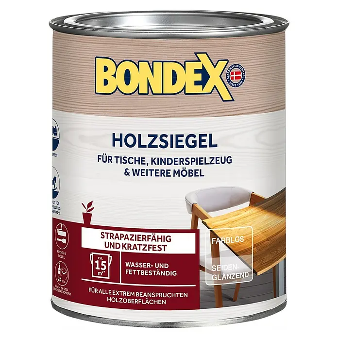 Bondex Klarlack Holzsiegel - Farblos, Seidenglänzend, 750 ml, Wasserbasiert - Dose Bondex Holzsiegel, farblos, seidenglänzend, für Tische, Kinderspielzeug & Möbel. Strapazierfähig, kratzfest und wasser- & fettbeständig.