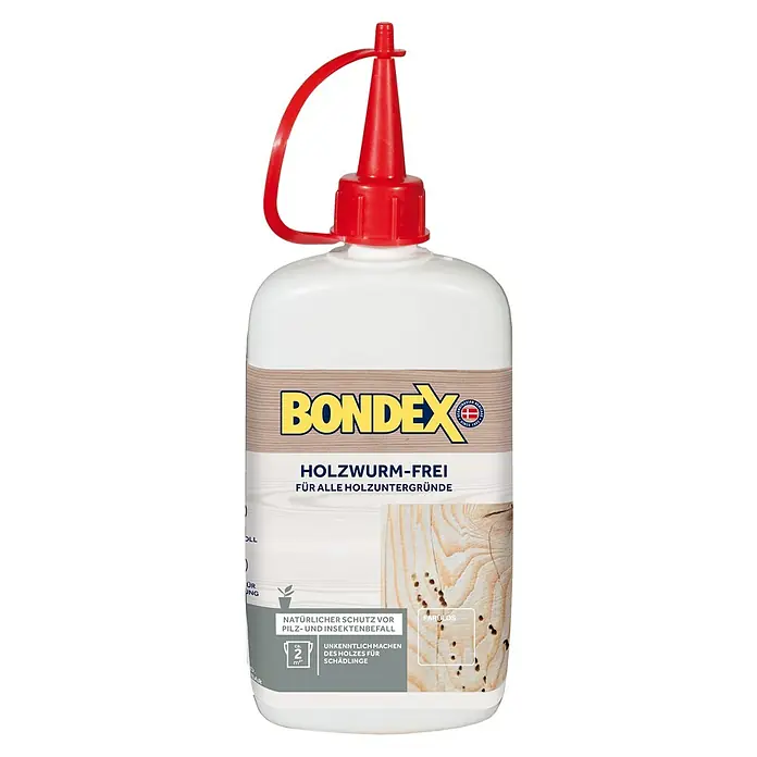 Bondex Holzwurm-Frei - 150 ml - Abbildung einer Flasche Bondex Holzwurm-frei Holzschutzmittel, ideal für alle Holzuntergründe, mit natürlichem Schutz vor Pilz- und Insektenbefall.