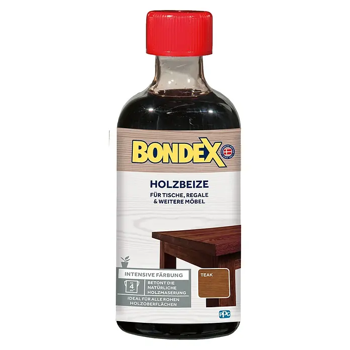 Bondex Holzbeize - Teak, 250 ml - Bild einer Flasche Bondex Holzbeize Teak für Tische, Regale und weitere Möbel, betont die natürliche Holzmaserung.