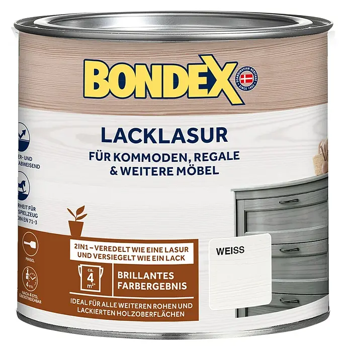 Bondex Lacklasur - Weiß, 375 ml, Seidenglänzend - Dose Bondex Lacklasur in Weiß, geeignet für Möbel wie Kommoden und Regale, ideal für rohe und lackierte Holzoberflächen.