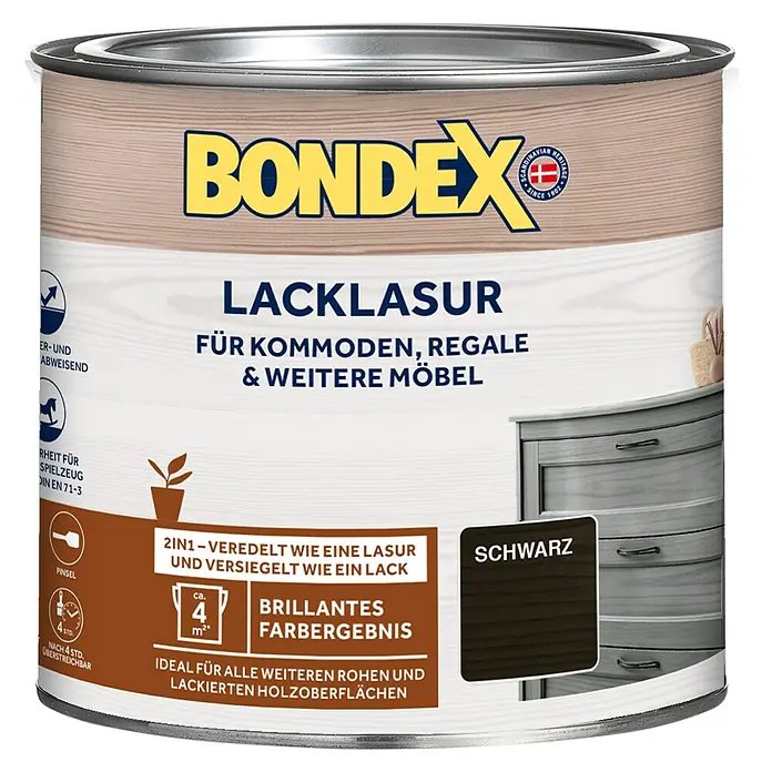 Bondex Lacklasur - Schwarz, 375 ml, Seidenglänzend - Abbildung einer Dose Bondex Lacklasur, einer 2in1 Holzlasur und Lackierung in der Farbe Schwarz für Möbel, mit Produktinformationen.